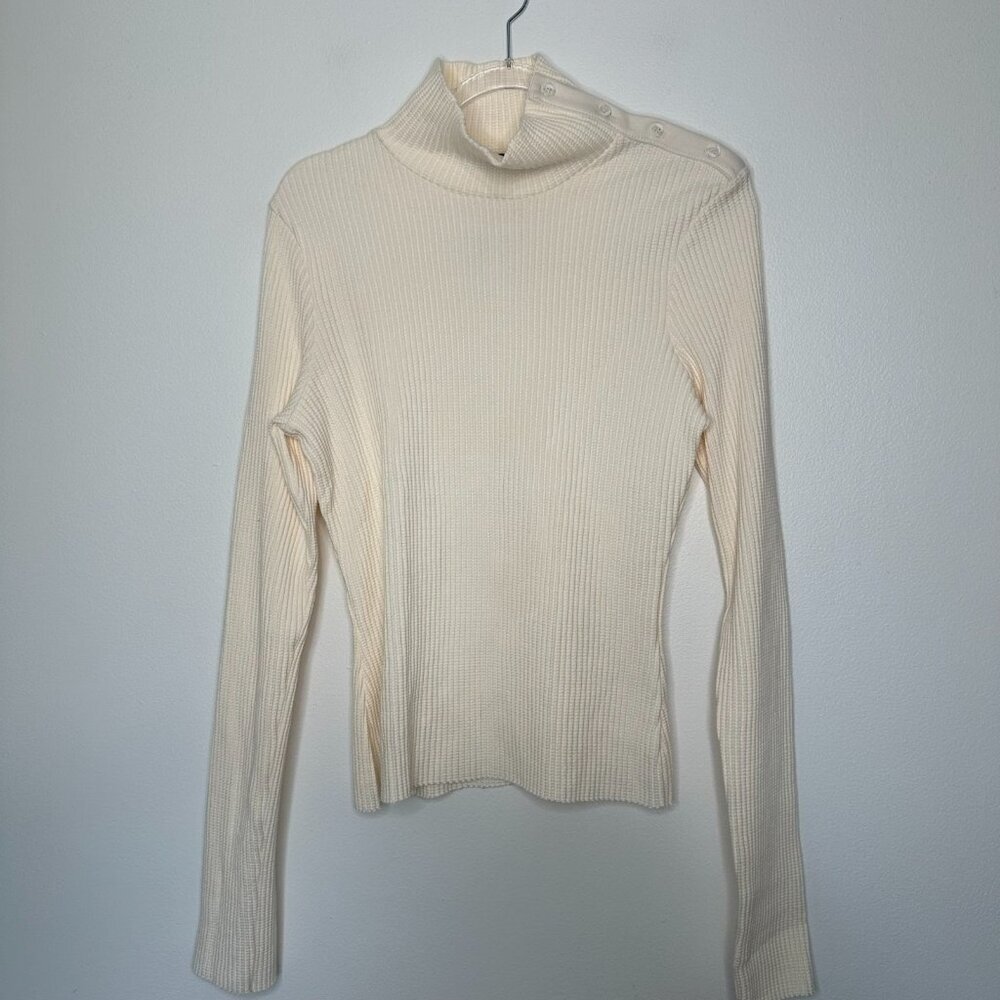 The Range Thermal Knit Button Turtleneck Top Size L Cream Preppy Chic‎